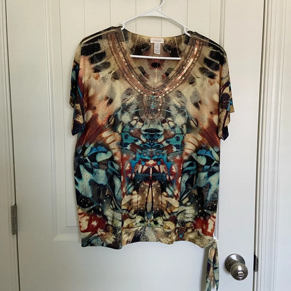 NWOT | Chico’s women’s patterned beaded neckline blouse — medium - Picture 1 of 6